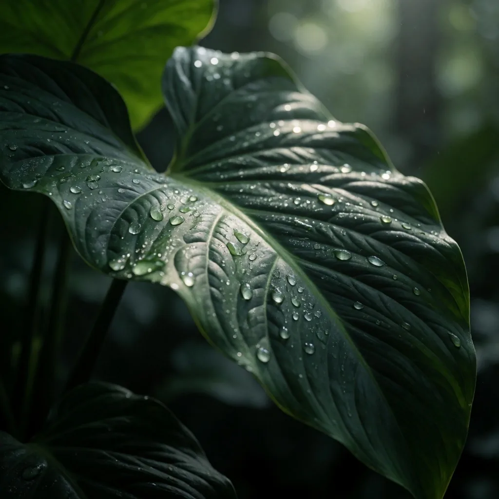 A dark green tropical leaf with water droplets in morning light