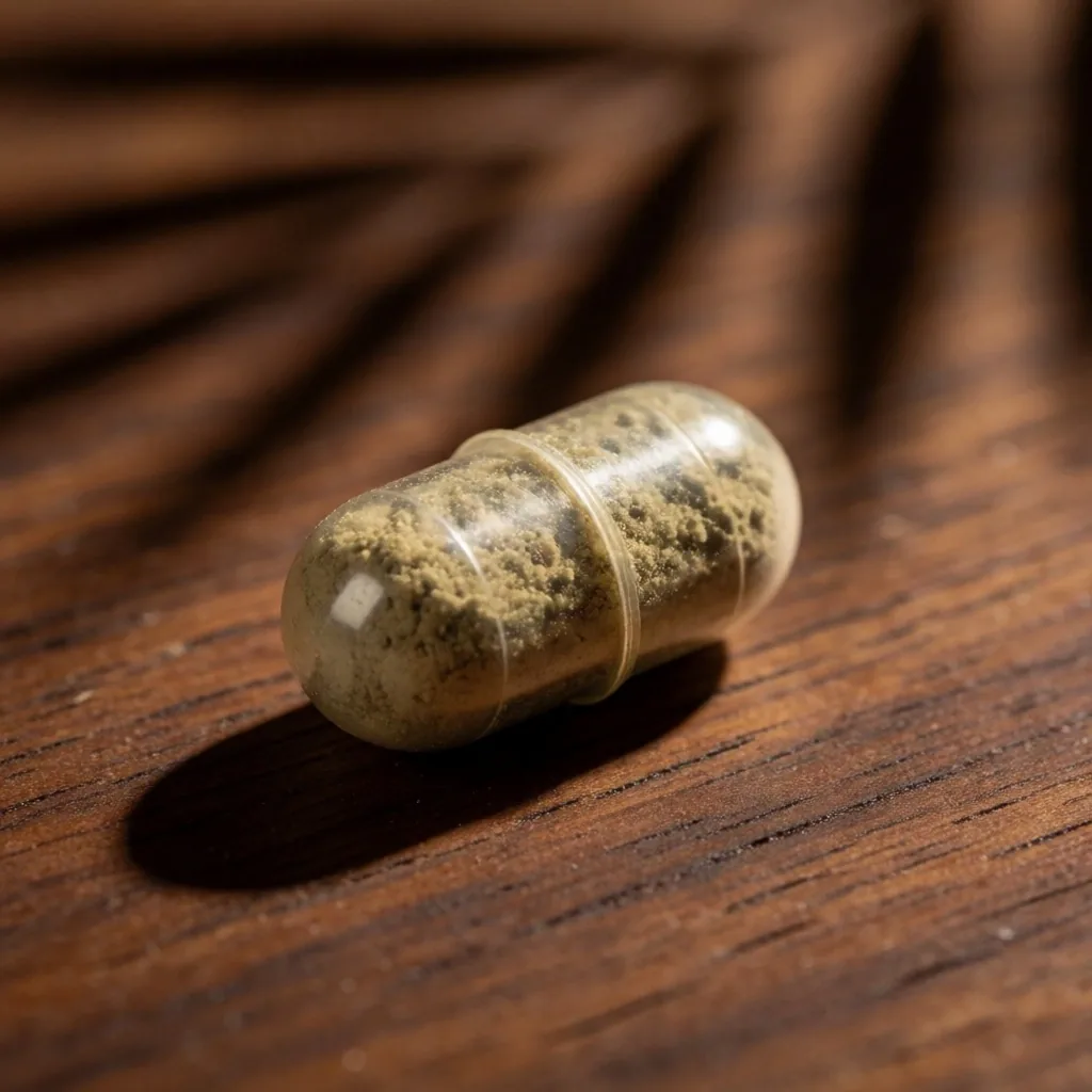 A single botanical capsule photographed on teak wood