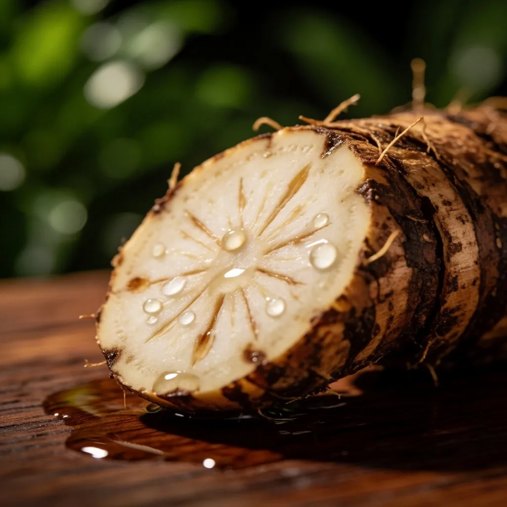 Cross-section of a tropical botanical root on teak wood