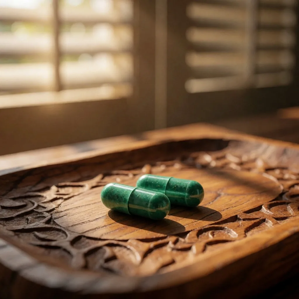 Natural supplement capsule on teak surface under soft morning light