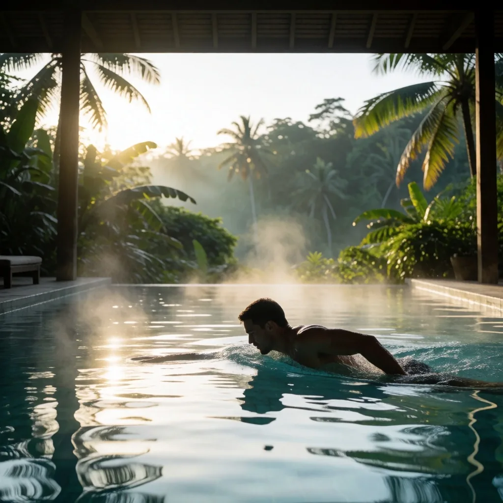 Man swimming in open-air tropical pool at dawn