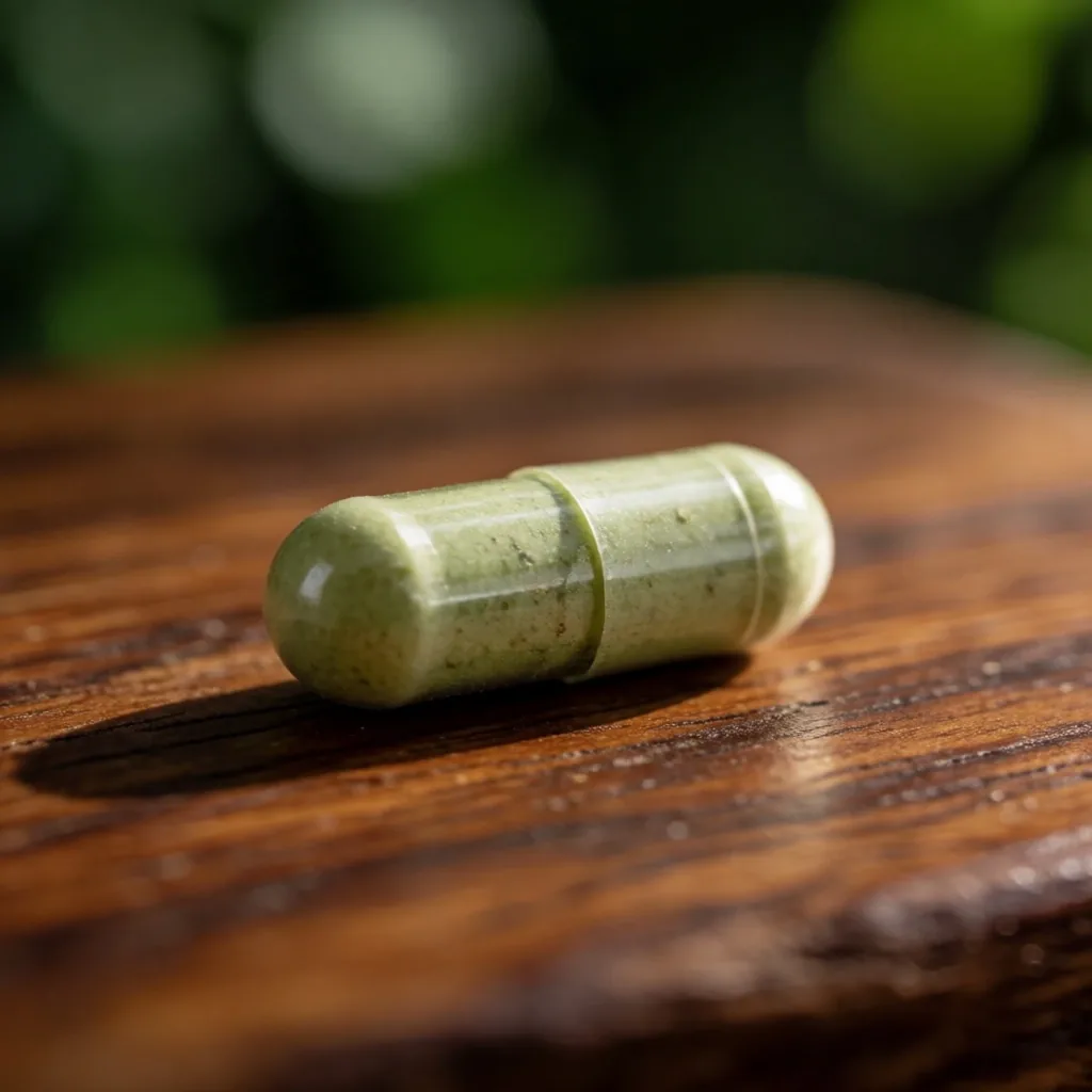A natural supplement capsule photographed on teak wood