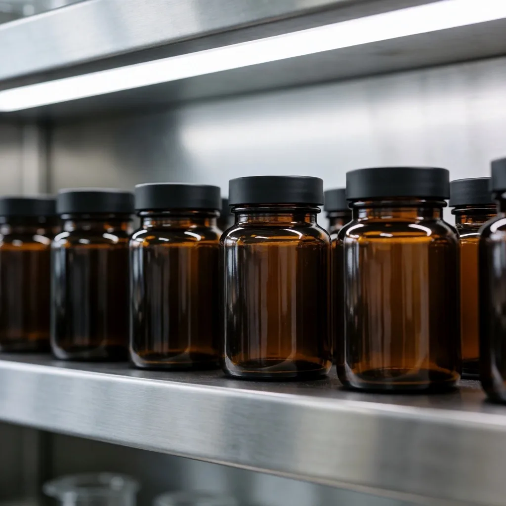 Amber glass supplement bottles on a laboratory shelf