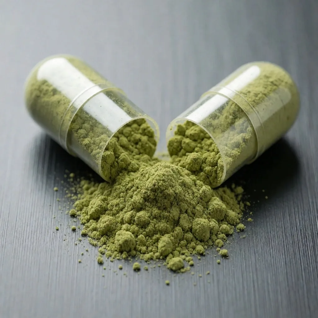 Supplement capsule split open showing green powder