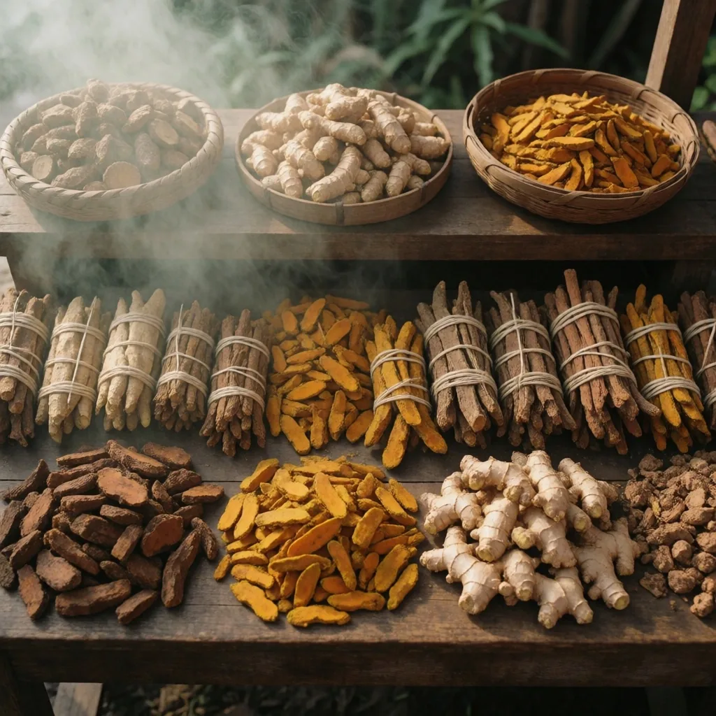 Traditional Indonesian herbal market stall with dried botanicals