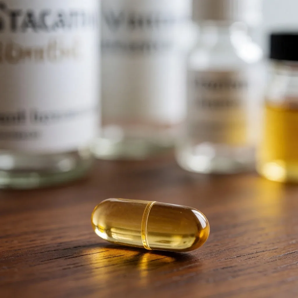 A single natural supplement capsule on a teak surface, photographed in clinical macro style