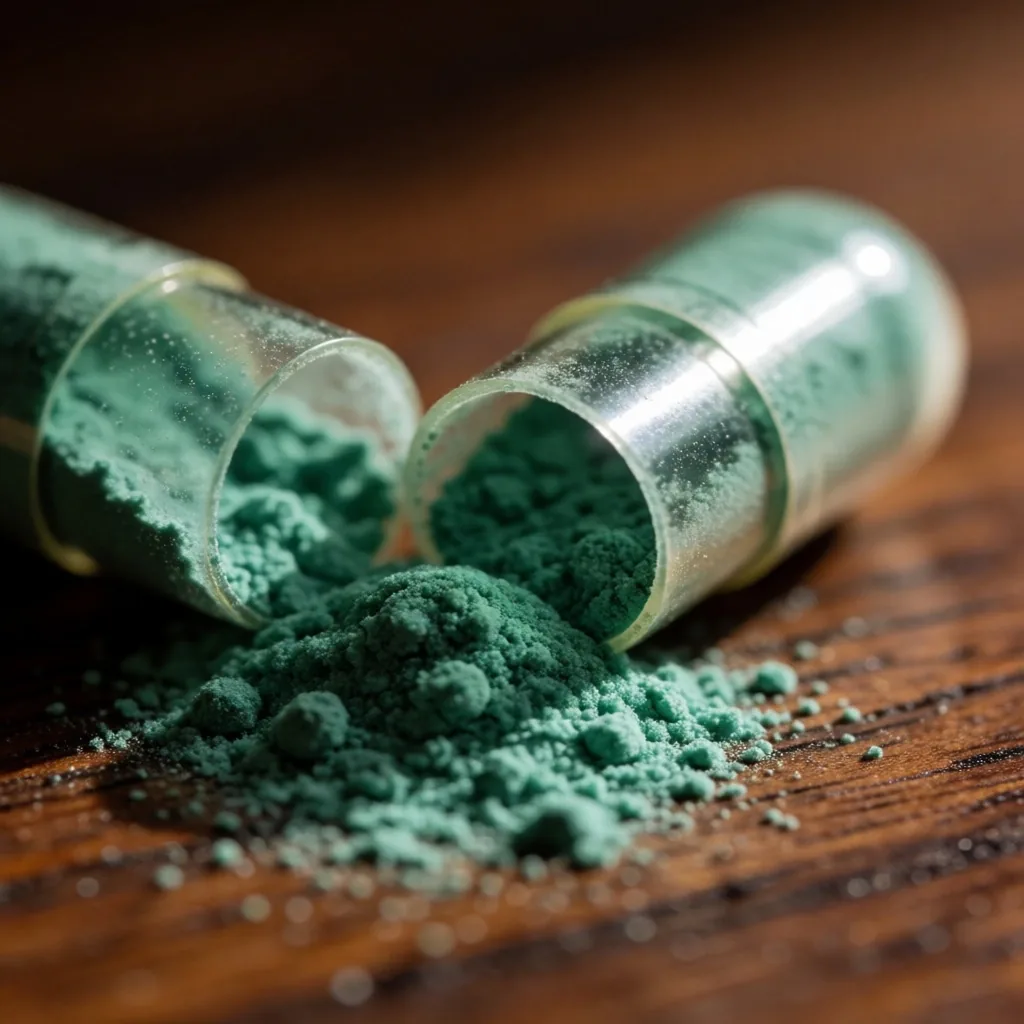 A single capsule opened to reveal botanical powder on a teak surface