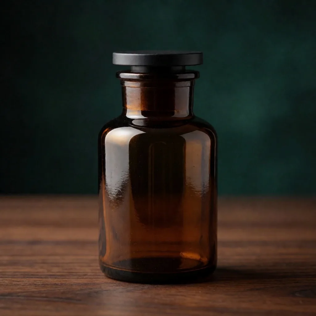 Amber glass supplement bottle on teak surface