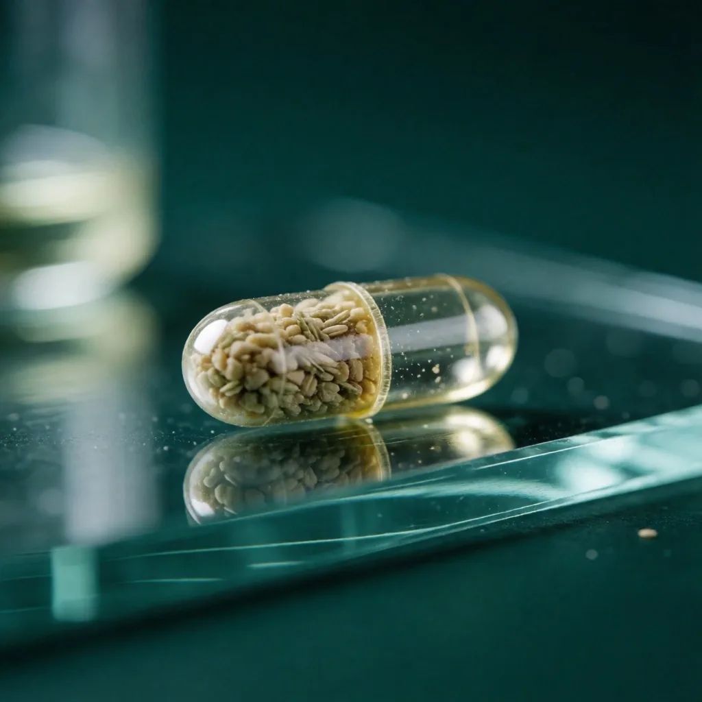 Single capsule with botanical extract on glass surface