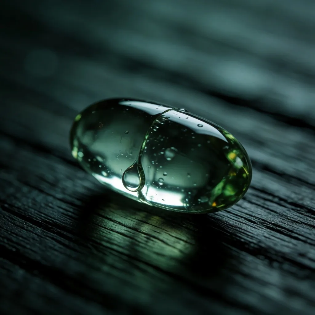 Natural supplement capsule on teak surface