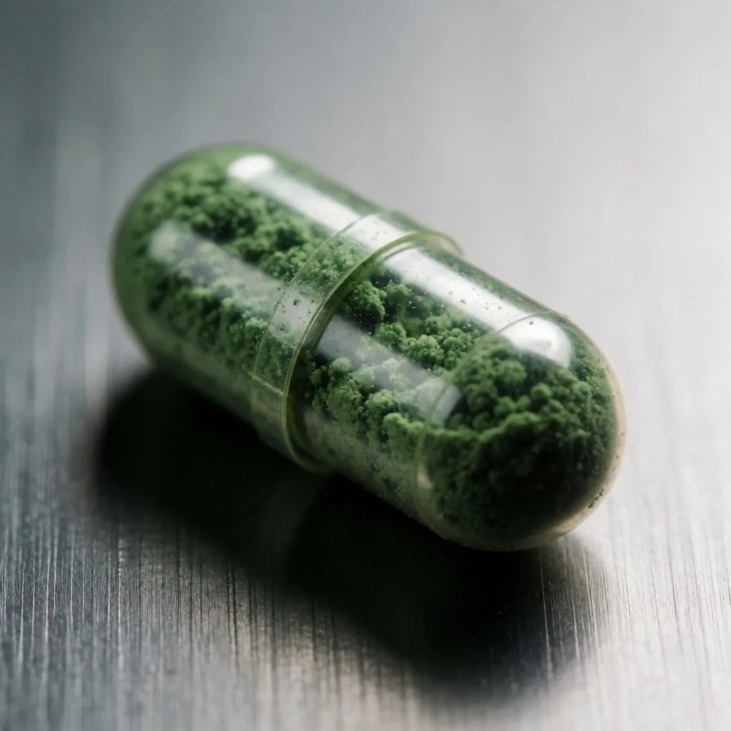 A botanical capsule specimen on a brushed surface