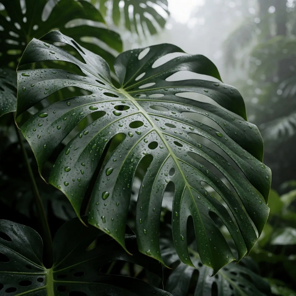 Tropical green leaves with water droplets